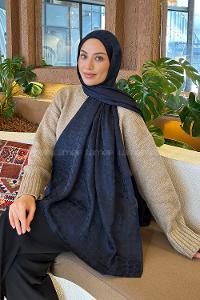 Lamelif  Bloom Desen Ayrobin Floş Jakar  Şal Lacivert