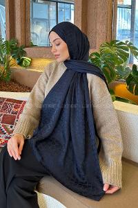 Lamelif  Bloom Desen Ayrobin Floş Jakar  Şal Lacivert