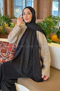 Lamelif  Bloom Desen Ayrobin Floş Jakar  Şal Siyah