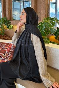 Lamelif  Bloom Desen Ayrobin Floş Jakar  Şal Siyah