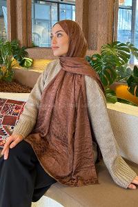 Lamelif  Bloom Desen Ayrobin Floş Jakar  Şal Sütlü Kahve