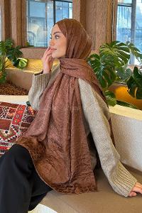 Lamelif  Bloom Desen Ayrobin Floş Jakar  Şal Sütlü Kahve