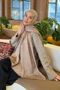 Lamelif  Bloom Desen Ayrobin Floş Jakar  Şal Vizon