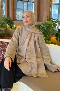 Lamelif  Bloom Desen Ayrobin Floş Jakar  Şal Vizon