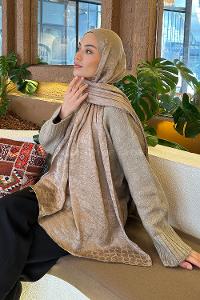 Lamelif  Bloom Desen Ayrobin Floş Jakar  Şal Vizon