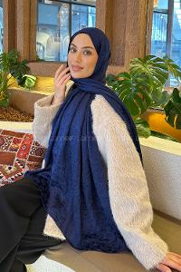 Lamelif  G Desen Ayrobin Floş Jakar  Şal Gece Mavisi