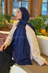 Lamelif  G Desen Ayrobin Floş Jakar  Şal Gece Mavisi