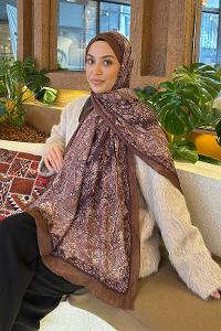 Lamelif Retro Desen Bambu Şal Asker Yeşili Koyu Kahve