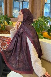 Lamelif Retro Desen Bambu Şal Koyu Bordo