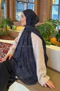 Lamelif Retro Desen Bambu Şal Lacivert