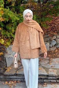Lamelif Atkılı Peluş Mont Bej