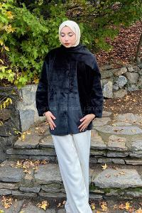 Lamelif Atkılı Peluş Mont Siyah