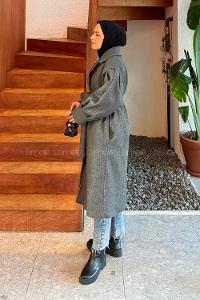 Anthracite V Neck Balloon Sleeve Arm Stamp Fabric Coat