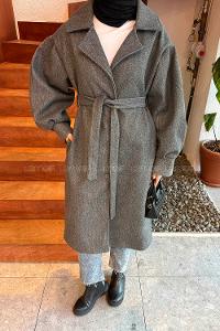 Anthracite V Neck Balloon Sleeve Arm Stamp Fabric Coat