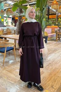 Lamelif Bel Tünel Detaylı Elbise Bordo