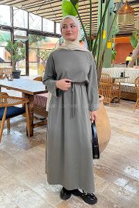 Lamelif Bel Tünel Detaylı Elbise Çağla Yeşili