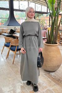 Lamelif Bel Tünel Detaylı Elbise Çağla Yeşili