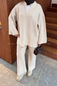 Lamelif Fitilli Triko Takım Krem