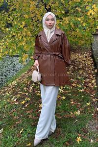 Brown Long Arm Belted Skin Trench Coat