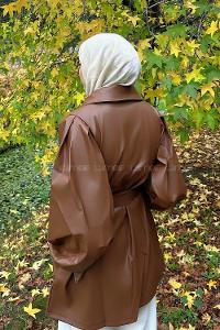 Brown Long Arm Belted Skin Trench Coat