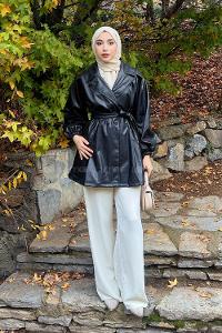 Black Long Arm Belted Skin Trench Coat