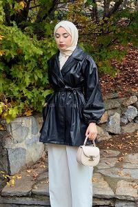 Black Long Arm Belted Skin Trench Coat