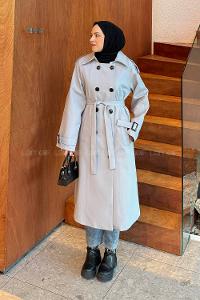 Lamelif Reglan Kol Düğmeli Trenç Gri