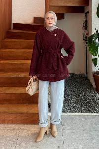 Lamelif Bağlama Detaylı Gold Düğmeli Kaban Bordo