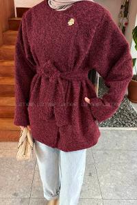 Lamelif Bağlama Detaylı Gold Düğmeli Kaban Bordo