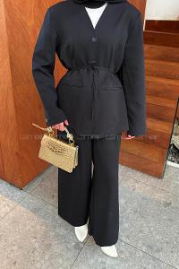 Lamelif Bel Kuşaklı Ceket Pantolon İkili Tesettür Takım Siyah