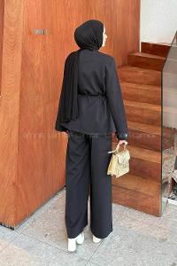 Lamelif Bel Kuşaklı Ceket Pantolon İkili Tesettür Takım Siyah