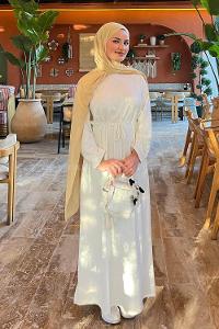 Lamelif Bel Tünel Detaylı Elbise Ekru