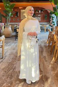 Lamelif Bel Tünel Detaylı Elbise Ekru