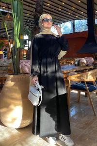 Lamelif Bel Tünel Detaylı Elbise Siyah