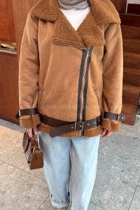 Lamelif İçi Kürklü Biker Süet Mont Taba