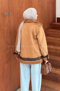 Lamelif İçi Kürklü Biker Süet Mont Taba