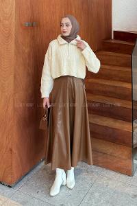 Lamelif Yaka Fermuarlı Crop Triko Kazak Ekru