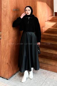 Lamelif Yaka Fermuarlı Crop Triko Kazak Siyah