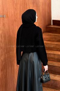 Lamelif Yaka Fermuarlı Crop Triko Kazak Siyah