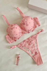 Lamelif Büstiyer Dantelli Kalp Nakışlı Destekli Takım