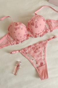 Lamelif Büstiyer Dantelli Kalp Nakışlı Destekli Takım