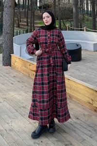 Lamelif Ekose Desen Elbise Bordo