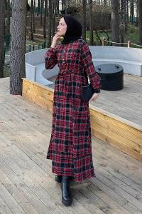 Lamelif Ekose Desen Elbise Bordo