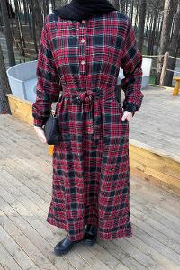 Lamelif Ekose Desen Elbise Bordo