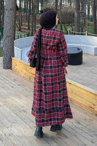 Lamelif Ekose Desen Elbise Bordo