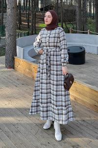 Lamelif Ekose Desen Elbise Taş Rengi