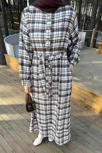 Lamelif Ekose Desen Elbise Taş Rengi