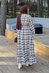 Lamelif Ekose Desen Elbise Taş Rengi