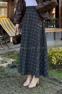 Lamelif Ekose Detay Etek Koyu Kahverengi