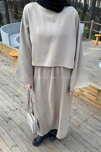 Lamelif Etekli Tesettür Takım Bej